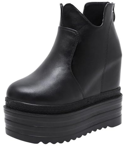 Wsbjbo Stivaletti Corti con Zeppa Nera da 14 Cm con Suola Spessa E Cinturini Interni per Una Maggiore Altezza del Tacco Alto,Nero,37 EU
