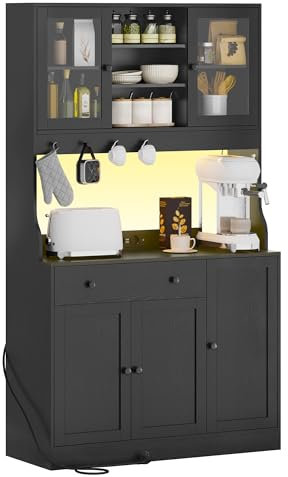 Armario de cocina con encimera, aparador con LED, enchufe, armario buffet con cajones, estantes ajustables, gran espacio de almacenamiento, cocina, salón, comedor, 103.5 x 40 x 180 cm, negro