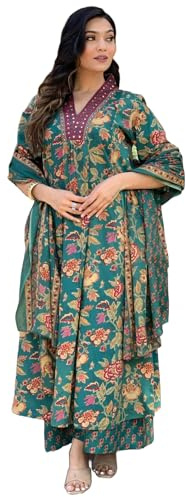 GoSriKi Women's Rayon Viscose Printed Anarkali Kurta with Palazzo & Dupatta, Green, 4XL