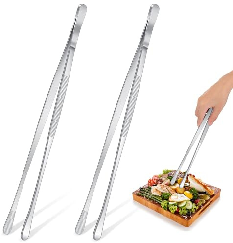 2 stycken 30,5 cm kokpincetter rostfritt stål, professionella matlagningspincetter, köksverktyg för grillning, beläggning och servering (silver)