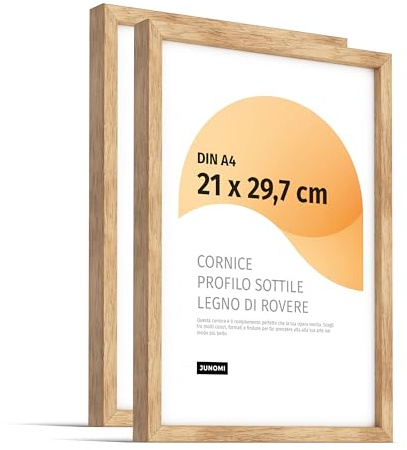 JUNOMI® 2 x Premium Picture Frames DIN A4 (21 x 29.7 cm) Oak - Crafted in Real Wood with a Thin Profile, Shatterproof Acrylic Glass, Horizontal and Vertical Hanging Options, Table Stand