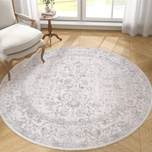 HUGEAR Vintage Waschbarer Teppich Rund 180cm Runder Wohnzimmer Grau Schlafzimmer Rutschfester Tepich Kurzflor Schlafzimmer Carpet Living Room Bedroom Esszimmer Teppiche Büro