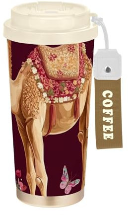 Vaso de café decorativo con tapa, diseño de caricatura, color camello borgoña, de acero inoxidable, para bebidas calientes y frías, con fugas de 17 onzas