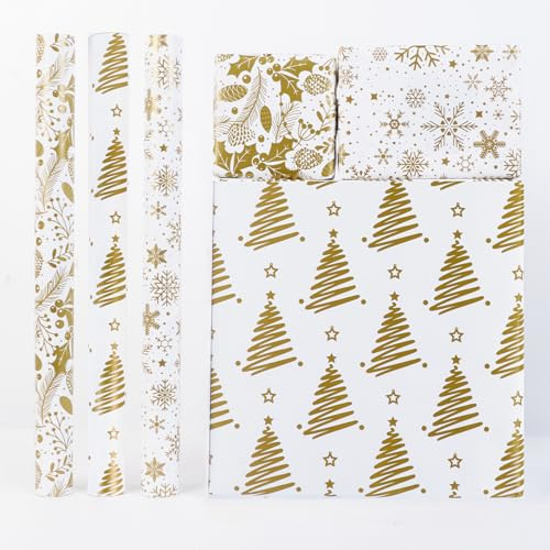 Christmas Wrapping Paper Roll,3 Rolls 44cm x 5m Xmas Gift Wrapping Paper,White Gold Wrap Paper with Snowflake Xmas Tree Pattens for Christmas,Party,Festive Decorations