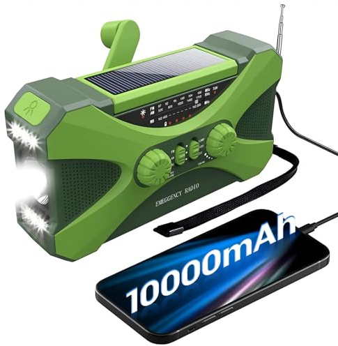 Radio d'urgence Solaire 10 000 Mah, Radio Portable à Manivelle avec Chargeur De TéLéPhone Et Lampe De Poche LED Verte
