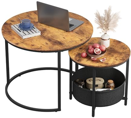 WLIVE Round Coffee Tables for Living Room, Nest of Tables Set of 2 with Fabric Storage Basket, Side Tables for Bedroom, Office, Balcony, Rustic Brown