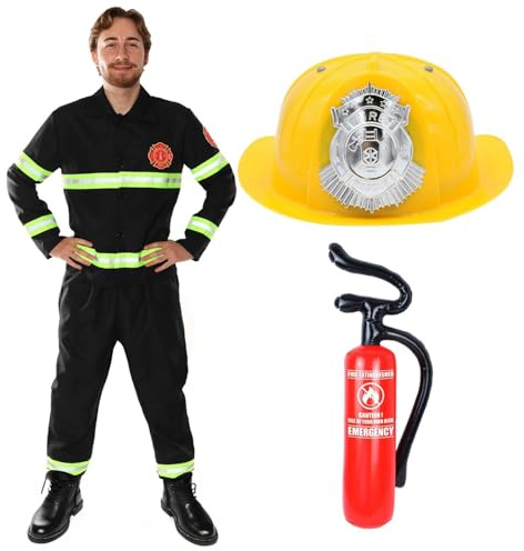 Brandman kostym för vuxna – uppblåsbar brandsläckare 170 cm hjälm och brandman uniform med reflekterande detaljer för maskeraddräkt, rolig svensexa, utklädnad, halloween och rollspel