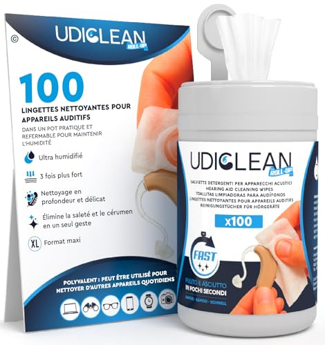100 Lingettes de Nettoyage et Humides pour Appareils Auditifs Udiclean - dans un Distributeur Refermable à Économie d’Humidité - Lingettes Maxi et Résistantes de Haute Qualité