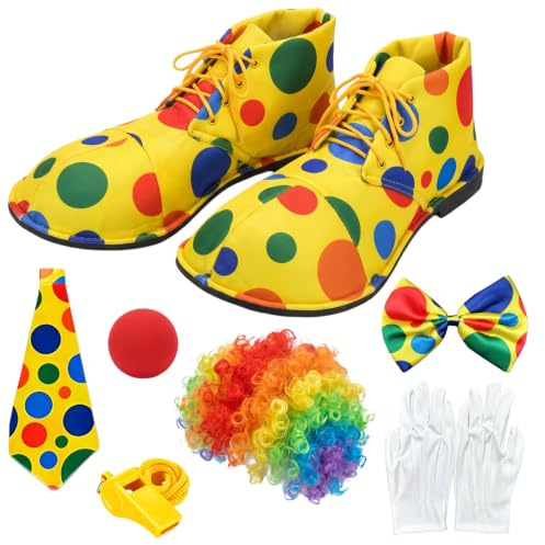 LIUQOBN 7PCS Clown Costume Set, Clown Shoes Wig, Red Nose, Bow Tie, White Gloves, Polka-dot Bow Tie, A Yellow Whistle, Fancy Dress Outfit, For Halloween Carnival Circus Themed Parties