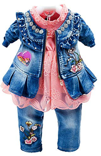 Peacolate Printemps automne bébé filles ensemble de vêtements 3 pièces T-Shirt à manches longues veste en jean et jean