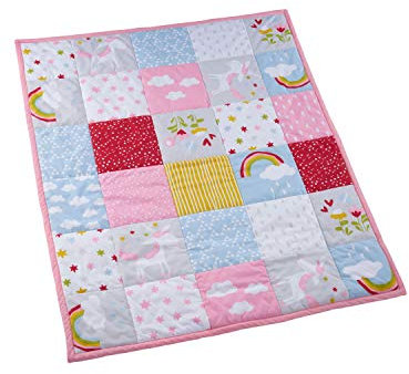 Bio Krabbeldecke Patchwork Design 100% Bio-Baumwolle (kbA) GOTS zertifiziert, Einhorn, 95 x 100 cm