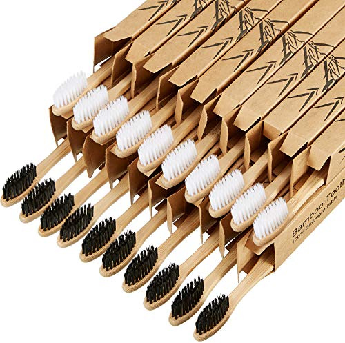 Boao 20 Pcs Bamboo Toothbrushes Bulk Biodegradable Charcoal Toothbrushes Pack Soft Bristle Natural Wooden Individually Wrapped for Adults Reusable Travel