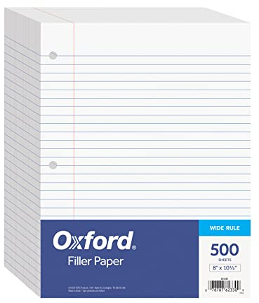 Oxford Filler Paper, 8 x 10-1/2 Inch Wide Ruled Paper, 3 Hole Punch, Loose Leaf Notebook Paper for 3 Ring Binders, 500 sheets (62330), white