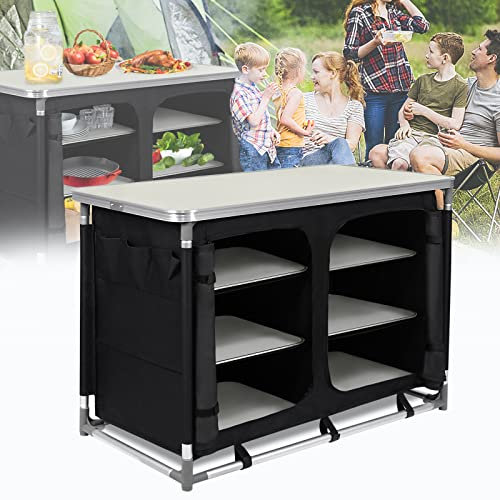 HENGMEI Outdoor Küche Campingküche Klappschrank Campingschrank Mobile Faltschrank Außenküche Zeltschrank mit Aluminiumgestell Transporttasche Staufächer Tischplatte Reiseküche Campingrega, Type C
