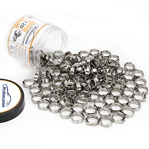 120 Pack 1/2 Inch PEX Cinch Clamps Rings, Premium 304 Stainless Steel Cinch Crimp Rings Pinch Clamps, Stepless Single Ear Hose Clamp for PEX Tubing Pipe Fitting Connections By Hydencamm (1/2x120)