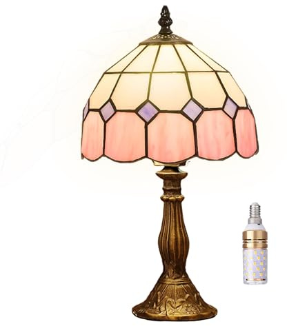 Kinbolas Tiffany-stil Bordslampa, Art Deco-belysning Handgjorda Målade Glas Lampskärm Liten Natt Säng Sovrum Lampa, Vardagsrum, Medelhavsbord Dekoration Lampan Med Baser Och Nyanser(Color:Pink 2)