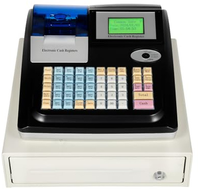 VPABES Electronic Cash Register for Small Businesses w/Drawer, POS System 48 Keys LED Display 4 Bill/4 Coin Integrated Cash Drawer and Receipt Printer Cash Register for Retail Store Supermarket