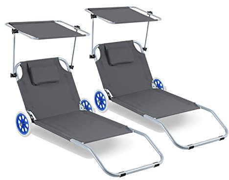 Ansobea 2X Sonnenliege klappbar mit Rollen,Aluminium Sonnenliege mit Sonnendach und Rückenlehne Verstellbar für Camping Freizeit Garten Strand (grau)