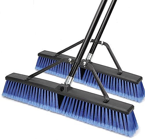 24 inches Push Broom Outdoor for Deck Driveway Garage Yard Patio Concrete Floor Cleaning-Blue-2 Pack