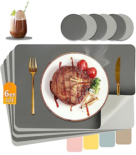 HELI MIAO Tischsets Abwaschbar,Platzsets Abwischbar,Tischset Leder,Hitzebeständig Doppelseitigen I 6er Set Platzdeckchen Lederoptik mit Untersetzer,Tischuntersetzer,Platzdecken（Anthrazit+Hellgrau）