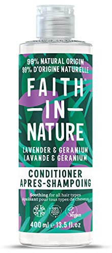 Faith In Nature, Après-Shampooing Naturel Lavande & Géranium Faith In Nature, Apaisant, Vegan & Cruelty Free, Sans Parabènes & SLES, Pour Tout Type de Cheveux, 400ml