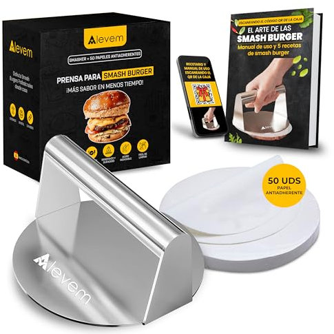 Alevem Smash Burger Smasher de Acero Inoxidable 304 | Aplastador de Hamburguesas Incluye Papel Hamburguesa Antiadherente 50 Pcs | Prensa Hamburguesas Smash y se Cocinarán en 3 Minutos