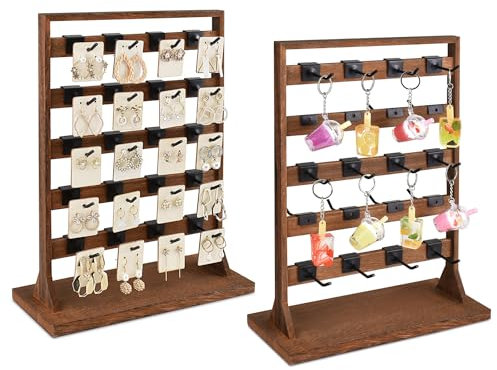 Ikee Design gratis montering 2 st set träsmycken visningsställ med 20 avtagbara metallkrokar/vardera, örhängeskort displayhållare stativ för halsband, armband, nyckelringstativ, brun färg