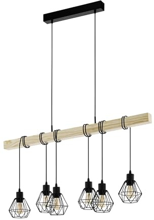 Eglo Pendant Lighting Townshend 5 | 6 light vintage hanging lamp in industrial design, retro ceiling light made of black metal and natural wood, FSC certified