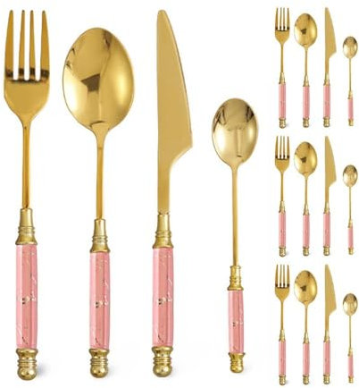 Royal Shang Youpin Keramik Griff Küche Edelstahl Besteck Geschirr Besteck Besteck Set Steak Messer Gabel Löffel Teelöffel (Rosa,16 Stück)