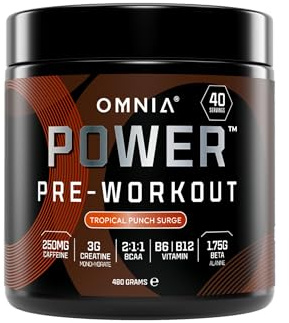 OMNIA Power Pre Workout Powder - Energy Drink with Creatine Monohydrate, Beta Alanine, Caffeine and Citrulline, Physical Performance for Gym or Sports, 40 Servings - Tropical Punch Surge