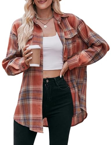 Maeau - Chemisier Carrée à Carreaux Femmes Boutonné Chemise Manches Longues Classique Décontractée Blouse Shirt Col V Oversize Chemisier Streetwear - Couleur Caramel - XXL
