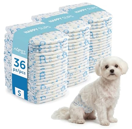 Aqpet Pannolini Igienici a Fascia Mutanda per Cani Maschi con Chiusura Adesiva Regolabile, Anti odore, Usa e getta, Taglia Small 420x175mm, Confezione da 36 Pezzi