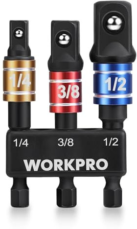 WORKPRO 3-Piece Impact Socket Adapter Set, 1/4 Hex Shank Bit Adapters with Holder, High Speed Nut Driver 1/4, 3/8 and 1/2 Drive, Impact Wrench Adapter for Automotive Drill & Impact Driver