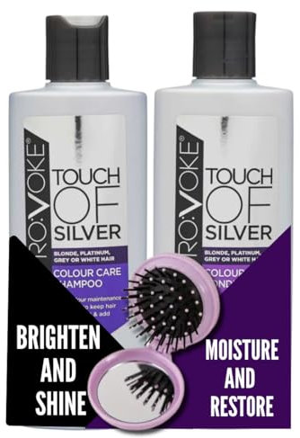 Provoke Touch Of Silver Colour Care Bundle – Neutralising Purple Shampoo & Conditioner (200ml Each) with Folding Hairbrush and Mirror – Brightens & Protects Colour, Restores Moisture for Radiant Hair