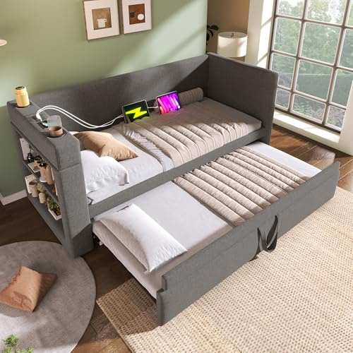 Gxffipw Schlafsofa Tagesbett 90x190 cm mit USB Type-C und Stauraum, Schlafcouch mit Ausziehbett 90x190 cm, Sofa Bett Bettgestell mit Lattenrost, Grau, Leinen, Ohne Matratze