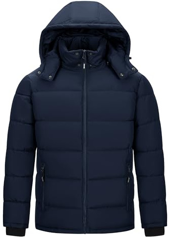 Outdoor Ventures Men's Lightweight Jacket Waterproof Pufferjacket Warm Winterjacket Downjackets Winter Parka with Lined Detachable Hood Stand-up Collar Dark Blue XL