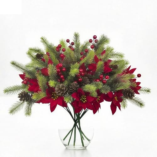 cailiya Ramas Decorativas con Piñas De Alerce, 6 Ramas De Abeto Artificiales con Flor De Navidad Y Bayas Rojas, para Arreglos Festivos Y Decoración De árbol De Navidad
