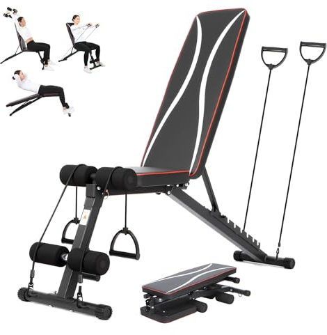 Chiidou Adjustable Weight Bench Foldable, 8-Level Incline Decline Flat Workout Bench with 2 Resistance Bands, 300KG Gym Bench for Home Gym Strength Training