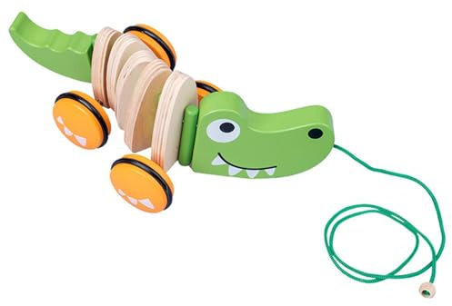 RCGOFOLLOW Dragleksaker i trä, tryck och dra för småbarn, främjar finmotorik och inlärningsaktiviteter, smidig babyrep som drar längs djurvagnen, lärande , Krokodil