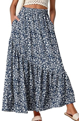 GRECERELLE Maxikjol för kvinnor, långa sommarkjolar för kvinnor, elastisk midja, boho blommig A-linjekjol med fickor och volangfåll för semester och vardagskläder