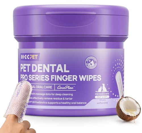 HICC PET Teeth Cleaning Wipes PRO Series, Dental Care Finger Wipes for Dogs & Cats, Reduce Plaque Tartar & Fresh Breath, No-Rinse Toothbrush, Gentle Clean Dog Tooth Brushing Kit, 50 Count, Flavorless