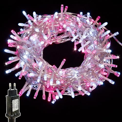 WISD Luci di Natale - Catena Luminosa 200 LED 13M Esterno Interno con Timer e Funzione di Memoria - Decorazioni Natalizie per Albero di Natale 12 Modalità, Giardino, Matrimonio e Festa (Rosa + Bianco)