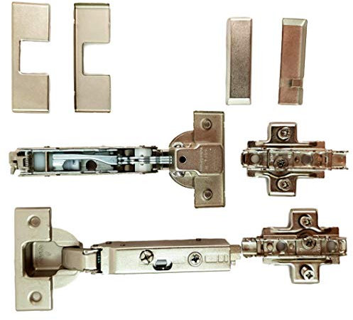 Set bestehend aus: 2 x GRASS Tiomos Möbel - Scharnieren (Topfband), gedämpft, 110°, 2 Montageplatten und Abdeckkappen. Ausführung: Eckanschlag von UMAXO®