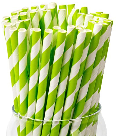 PakTalk [100 Pack] Green Straws, Disposable Biodegradable Paper Straws with Green and White Stripes for Cocktails, Milkshake, St. Patrick and Christmas Party (0.24 x 7.75)