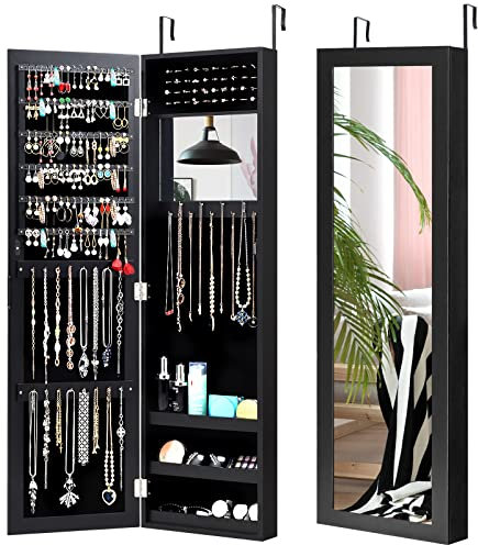 COSTWAY Jewellery Cabinet Armoire, Door Hanging/Wall Mounted Jewelry Organiser with Full Length Mirror and Built-in Makeup Mirror, Home Bedroom Dressing Cosmetics Jewellery Storage Unit Gift (Black)