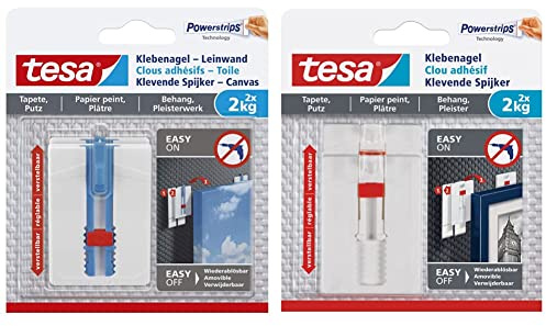 tesa Klebenagel Tapeten und Putz - höhenverstellbar Weiß & Verstellbarer Klebenagel für Tapeten und Putz 2 kg - Höhenverstellbarer, selbstklebender Wandnagel - 2-er Pack