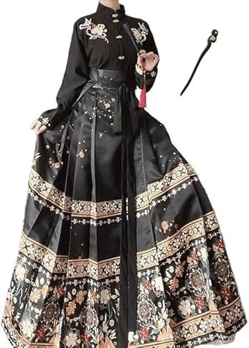 Uplateng Chinese Dress Cheval Visage Jupe Femmes Chinois Traditionnel Vintage Chinese Dress Plis Jupe Rouge Bleu Noir Beige Chemise + Jupe Ensembles Grande Taille XL (Black Set,M)