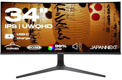 JapanNext Gebogener Monitor 34 IPS UWQHD (3440x1440) | HDR & KVM | USB-C-Laden (65W) Höhenverstellbar Integrierte Lautsprecher | G-Sync/FreeSync | 2 Jahre Garantie | JN-IPSC34UWQHDR-C65W-H