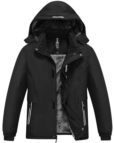 MoFiz Boy's Waterproof Ski Snow Jacket Hooded Fleece Lined Windproof Winter Jacket Rain-coats Windbreakers Youth 10-12 Years Black M