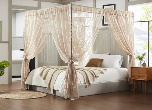 Warm Home Designs Lace Canopy Bed Curtains Set Consists of 8 48 x 78 Linen Canopy Curtains with Tie-Backs. Queen Canopy Bed Curtains or King Bed Canopy Curtains for Coquette Bedroom Decor. LC Linen